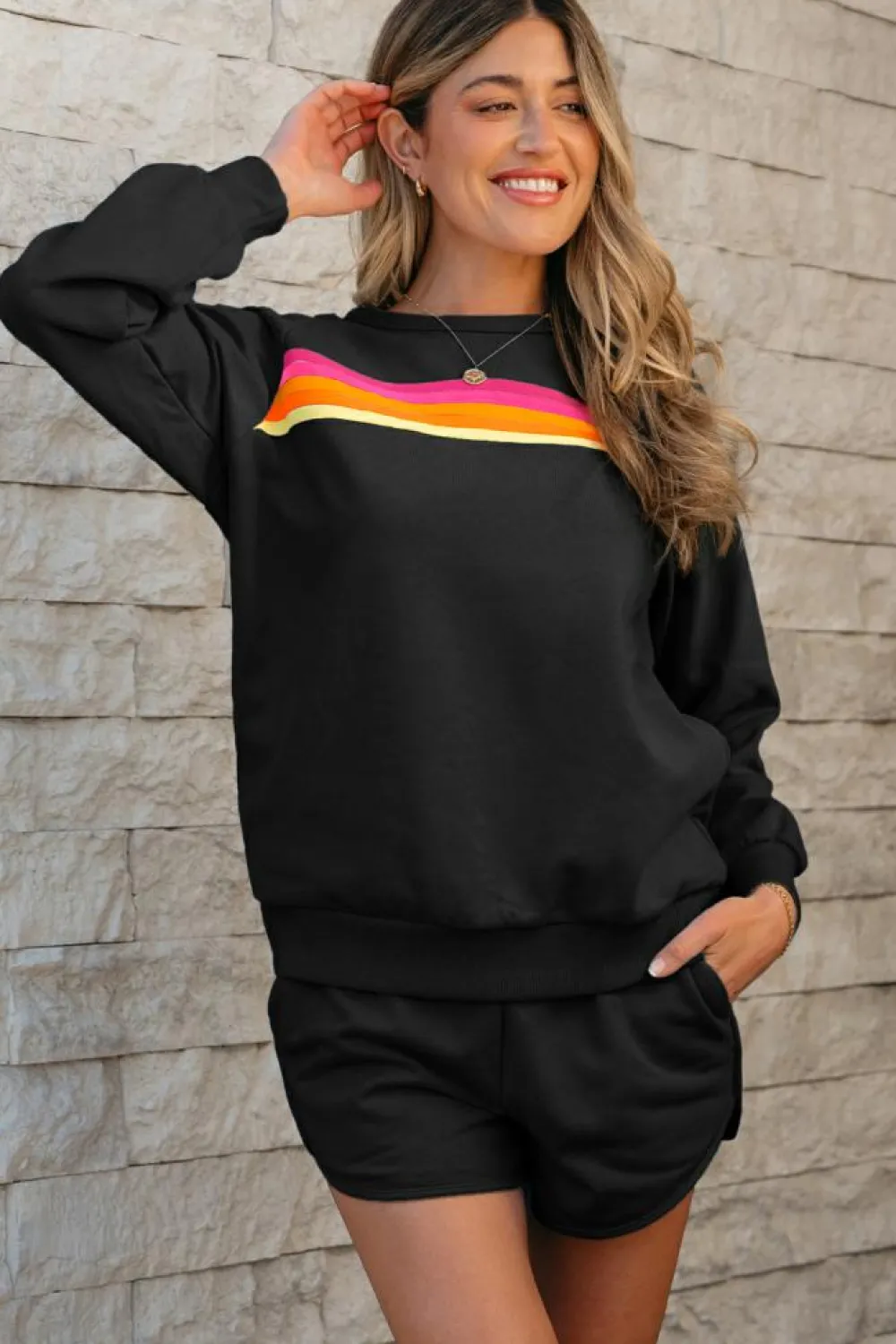 Clearance Dear-Lover Striped Accent Pullover and Shorts Two Piece Casual Set Black