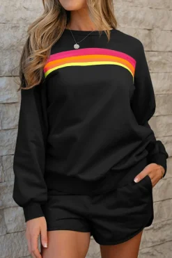 Clearance Dear-Lover Striped Accent Pullover and Shorts Two Piece Casual Set Black