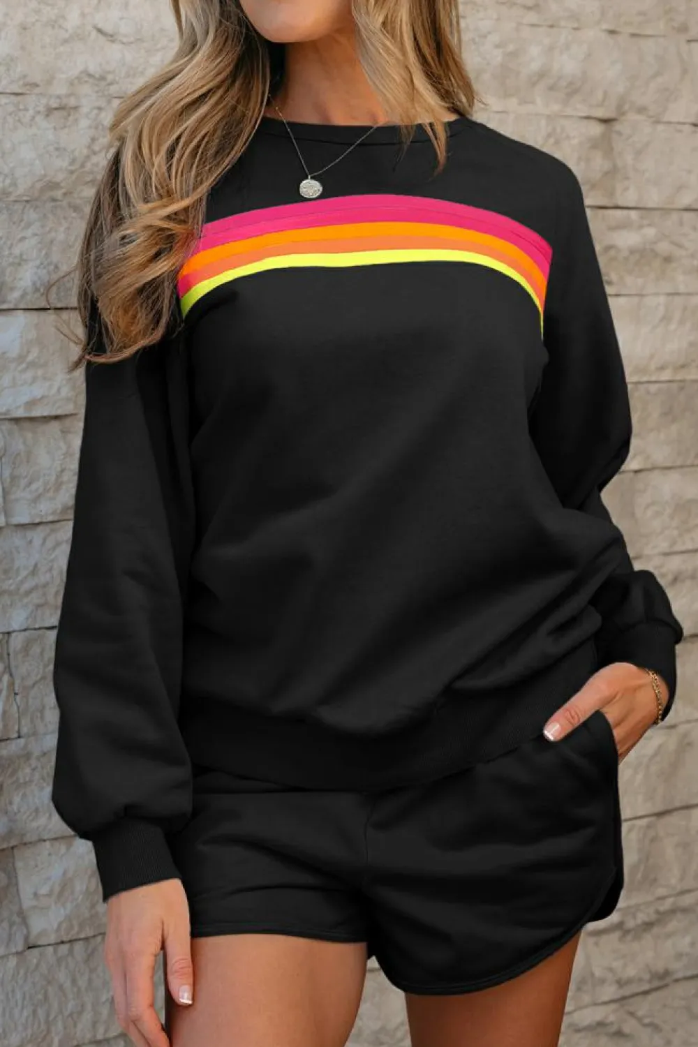 Clearance Dear-Lover Striped Accent Pullover and Shorts Two Piece Casual Set Black