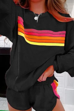Clearance Dear-Lover Striped Accent Pullover and Shorts Two Piece Casual Set Black