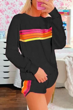 Clearance Dear-Lover Striped Accent Pullover and Shorts Two Piece Casual Set Black