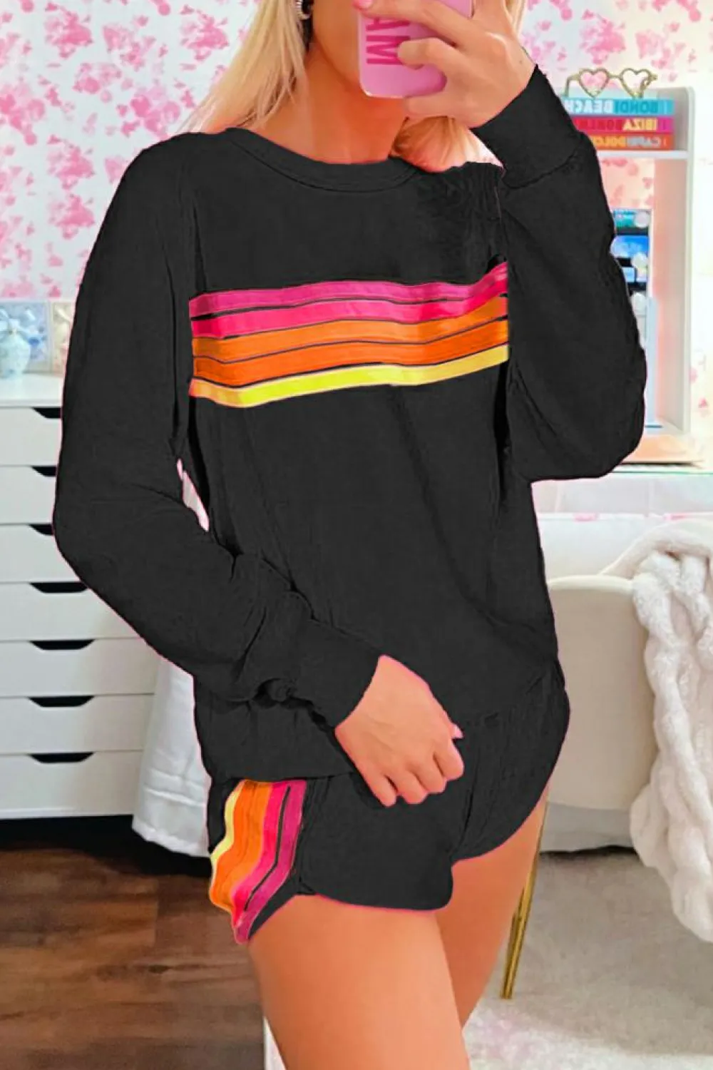 Clearance Dear-Lover Striped Accent Pullover and Shorts Two Piece Casual Set Black