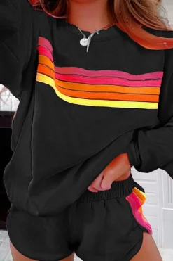 Clearance Dear-Lover Striped Accent Pullover and Shorts Two Piece Casual Set Black
