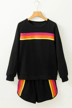 Clearance Dear-Lover Striped Accent Pullover and Shorts Two Piece Casual Set Black