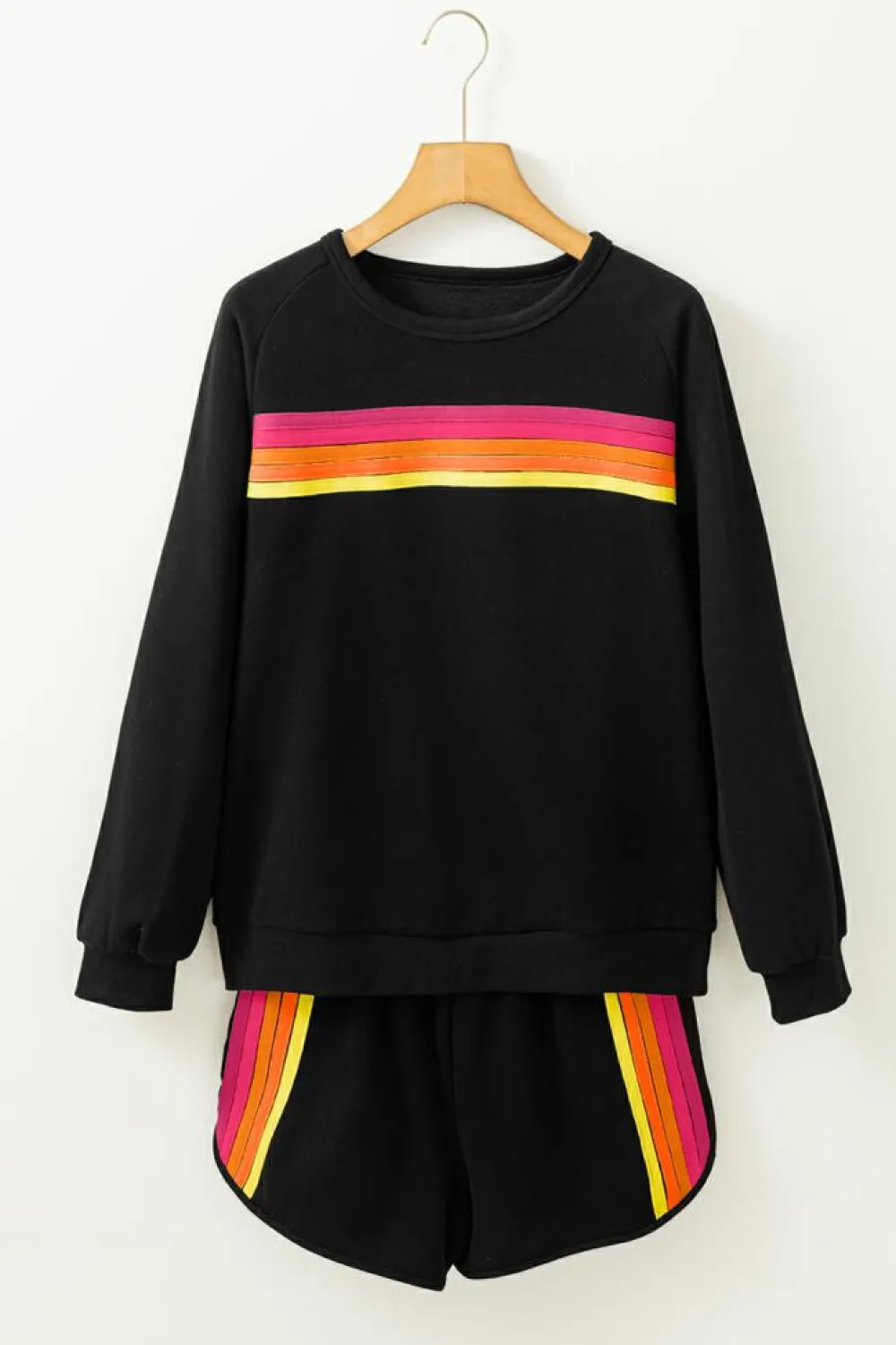 Clearance Dear-Lover Striped Accent Pullover and Shorts Two Piece Casual Set Black
