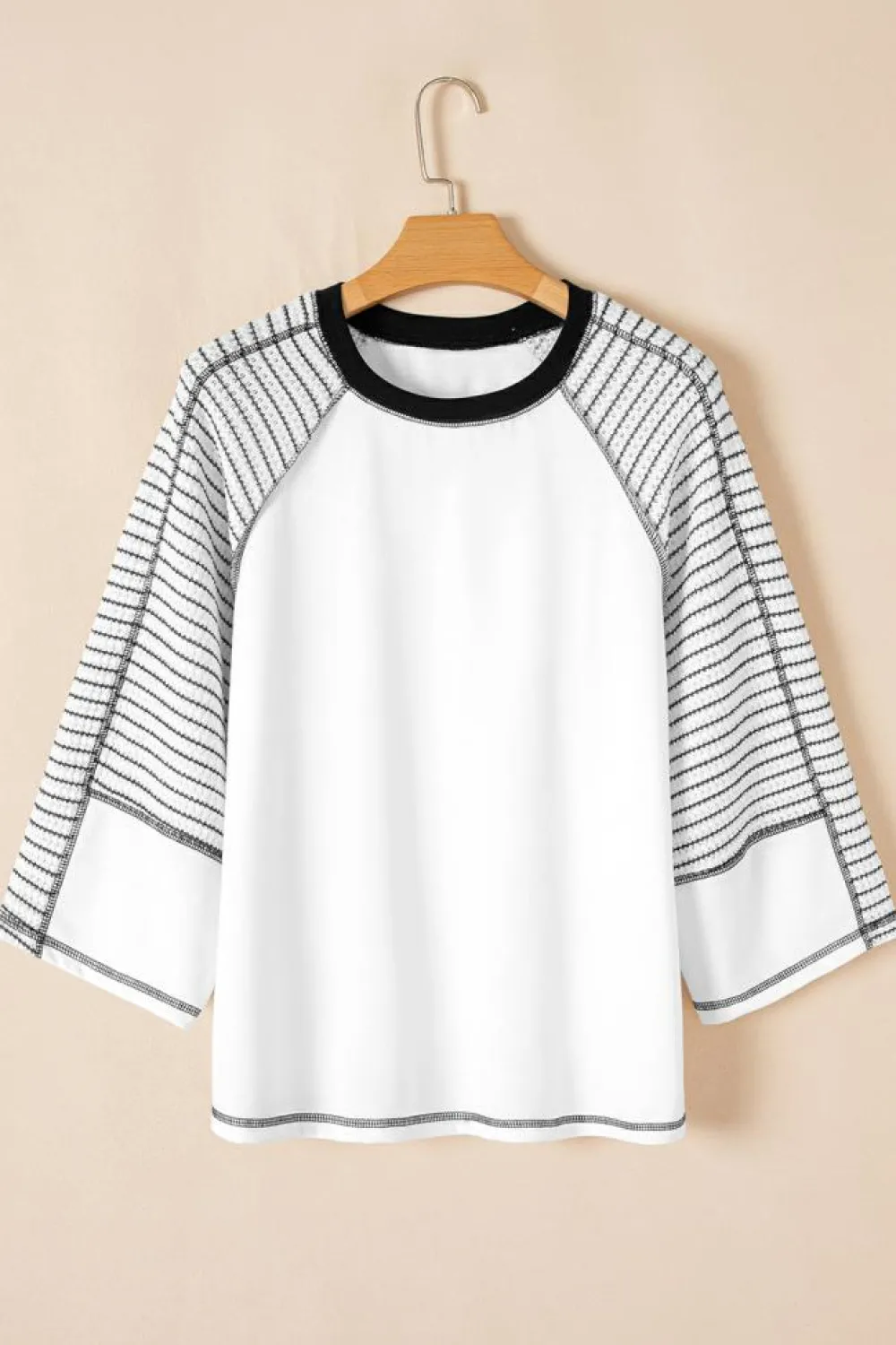 Fashion Dear-Lover Striped Bracelet Sleeve Raglan Patchwork Top Black