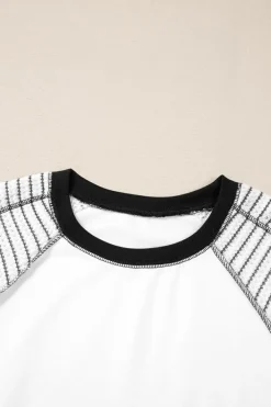 Fashion Dear-Lover Striped Bracelet Sleeve Raglan Patchwork Top Black