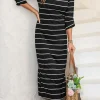 Discount Dear-Lover Striped Casual Slit Long Dress Black