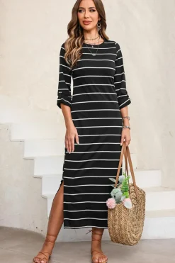 Discount Dear-Lover Striped Casual Slit Long Dress Black
