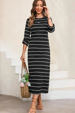 Discount Dear-Lover Striped Casual Slit Long Dress Black