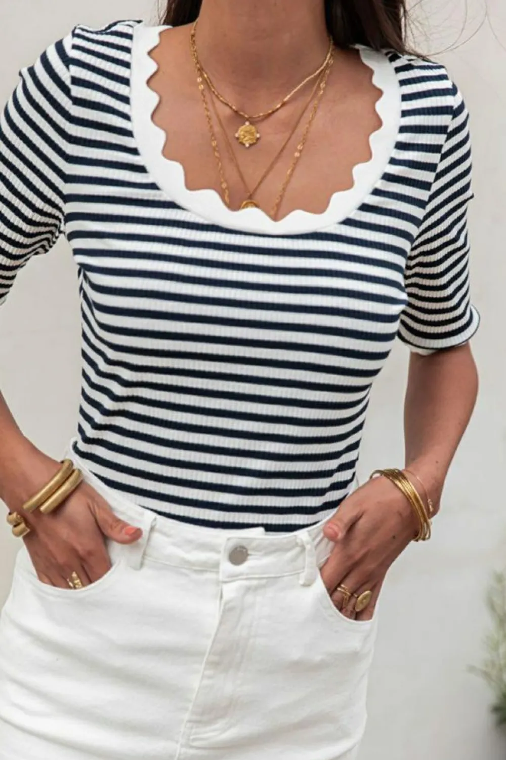 Discount Dear-Lover Striped Contrast Scallop Trim Half Sleeve T-shirt Black
