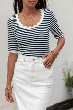 Discount Dear-Lover Striped Contrast Scallop Trim Half Sleeve T-shirt Black