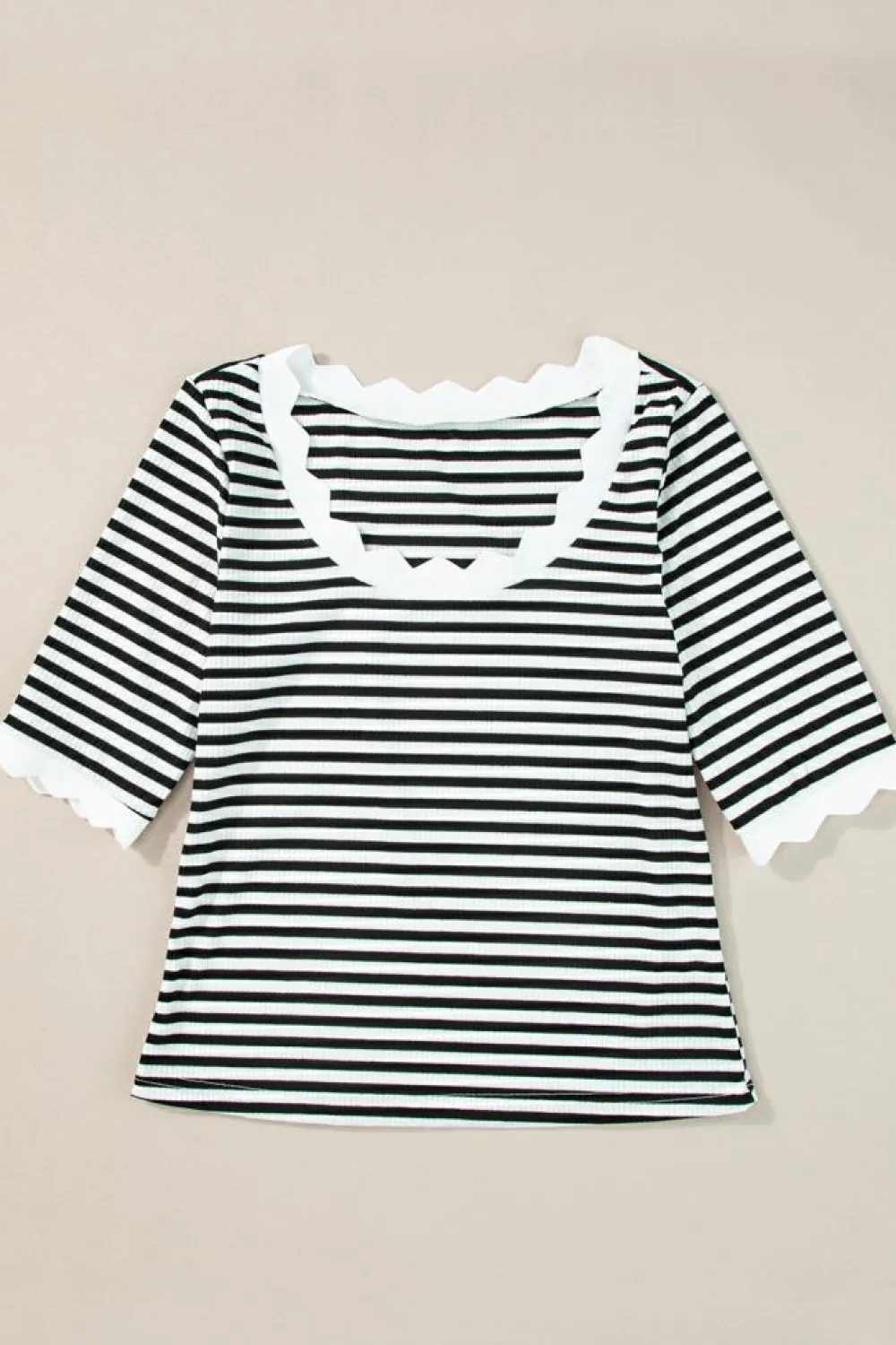 Discount Dear-Lover Striped Contrast Scallop Trim Half Sleeve T-shirt Black