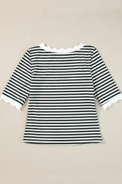 Discount Dear-Lover Striped Contrast Scallop Trim Half Sleeve T-shirt Black