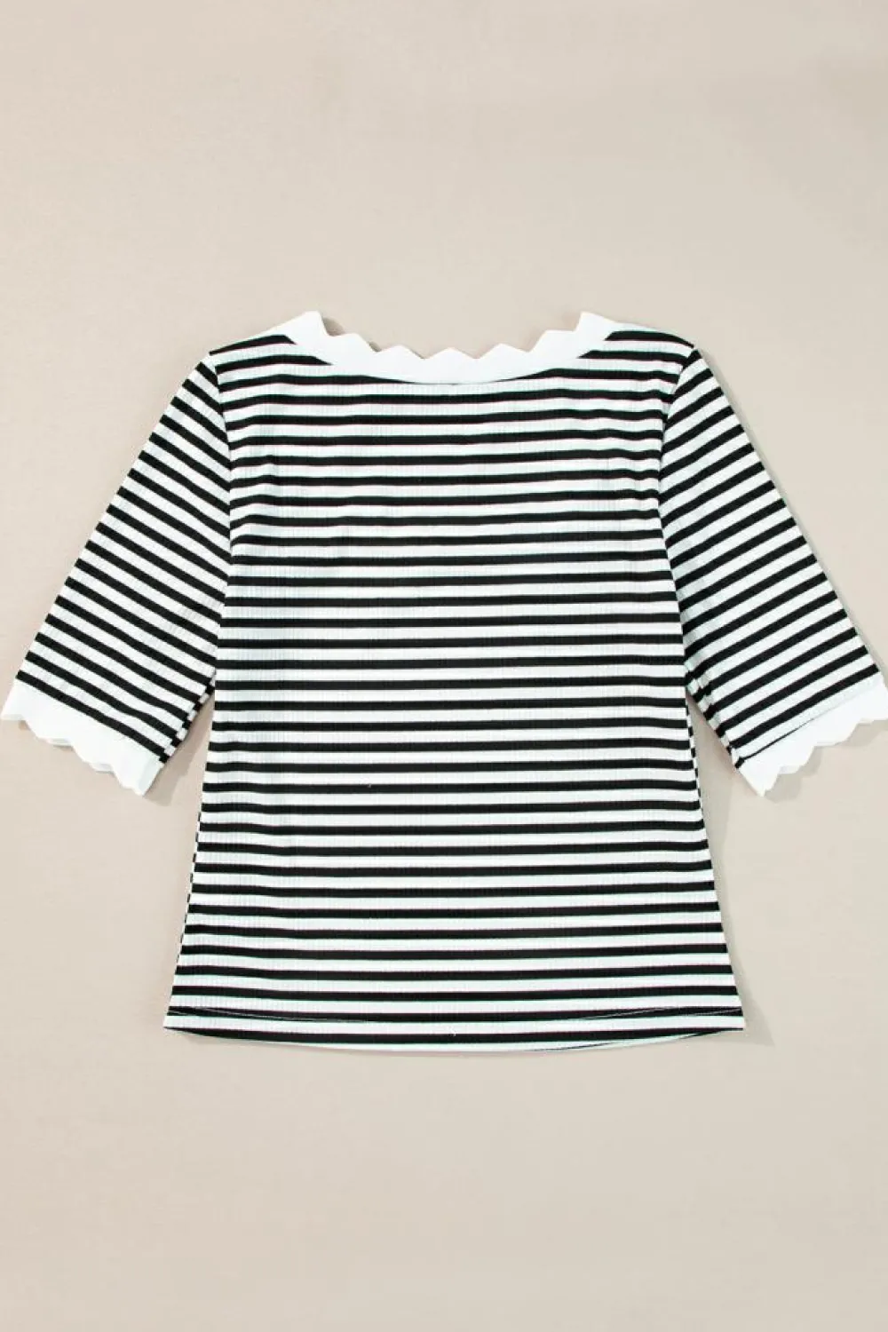 Discount Dear-Lover Striped Contrast Scallop Trim Half Sleeve T-shirt Black