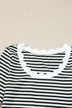 Discount Dear-Lover Striped Contrast Scallop Trim Half Sleeve T-shirt Black
