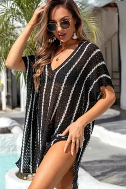 Best Dear-Lover Striped Crochet Loose Fit V Neck Beach Cover Up Black