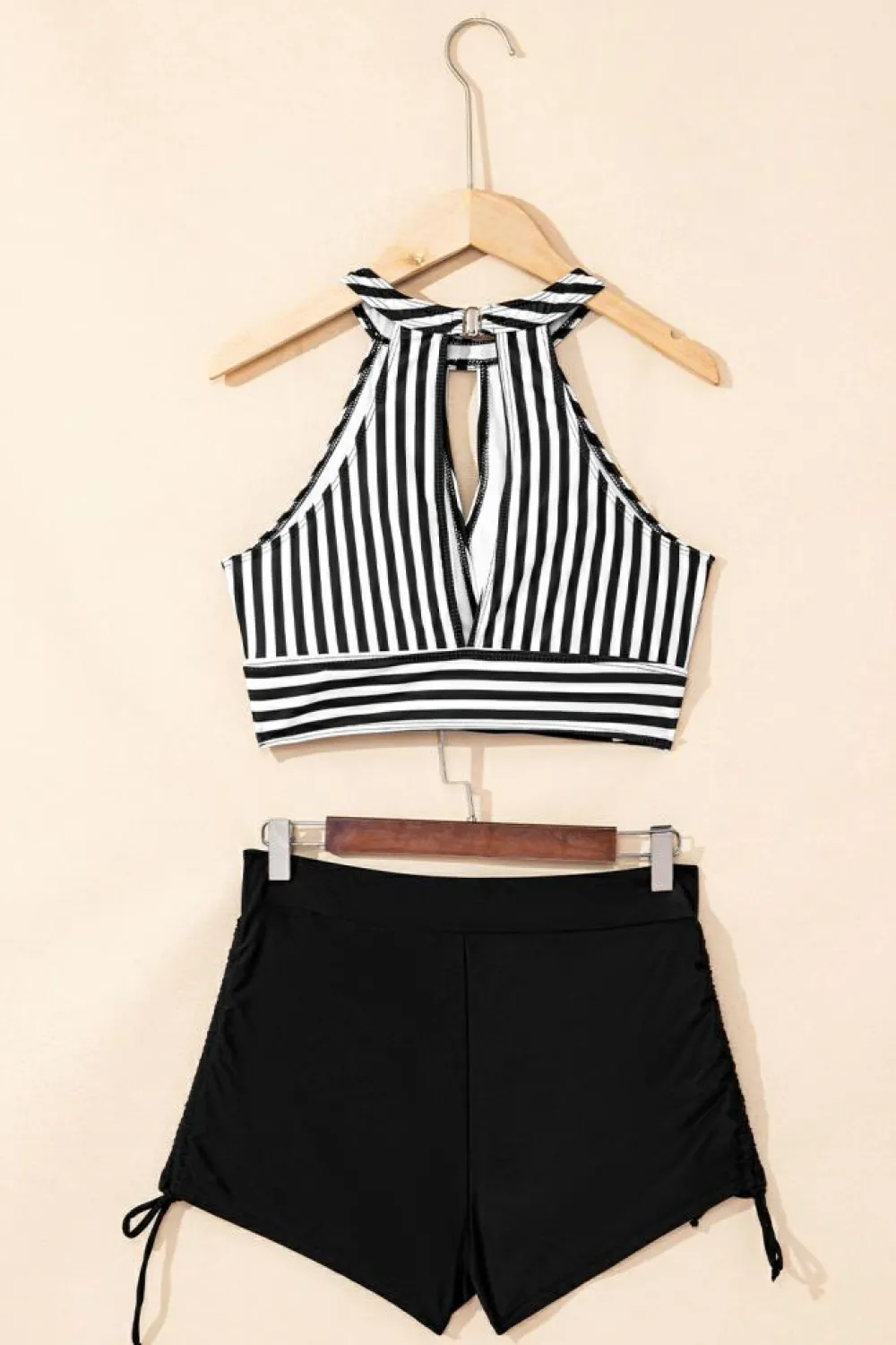 New Dear-Lover Striped Halter Top Drawstring Ruched High Waisted Bikini Black