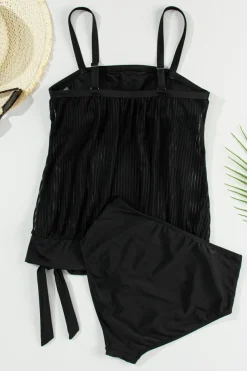 Sale Dear-Lover Striped Mesh Knotted Hem Tankini Swimsuit Black