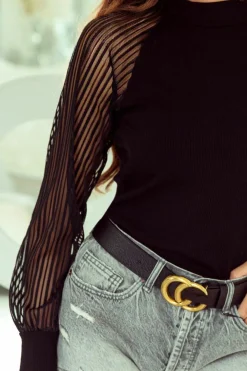 Sale Dear-Lover Striped Mesh Long Sleeve Crewneck Ribbed Top Black