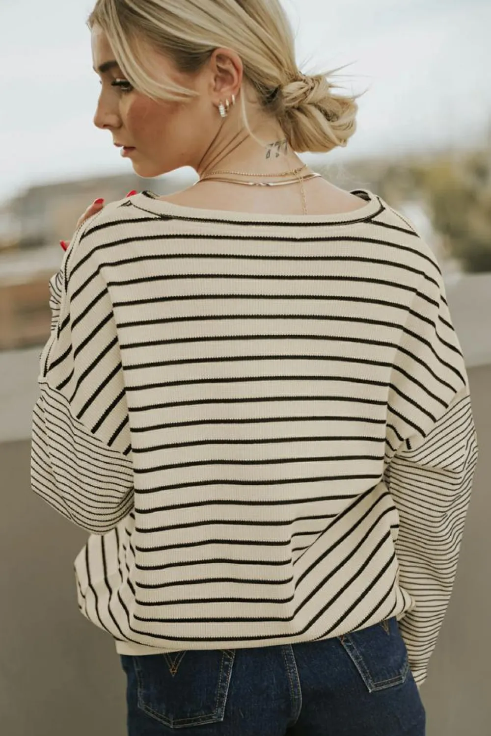 Discount Dear-Lover Striped Patchwork Loose Long Sleeve Tee Black