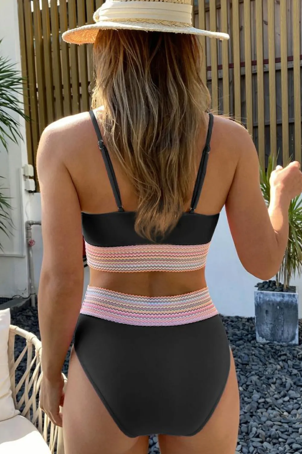 Online Dear-Lover Striped Patchwork Spaghetti Strap High Waist Bikini Swimsuit Black