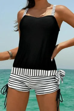 Outlet Dear-Lover Striped Patchwork Side Drawstring Bottoms Tankini Set Black