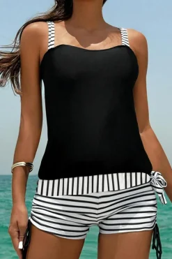 Outlet Dear-Lover Striped Patchwork Side Drawstring Bottoms Tankini Set Black