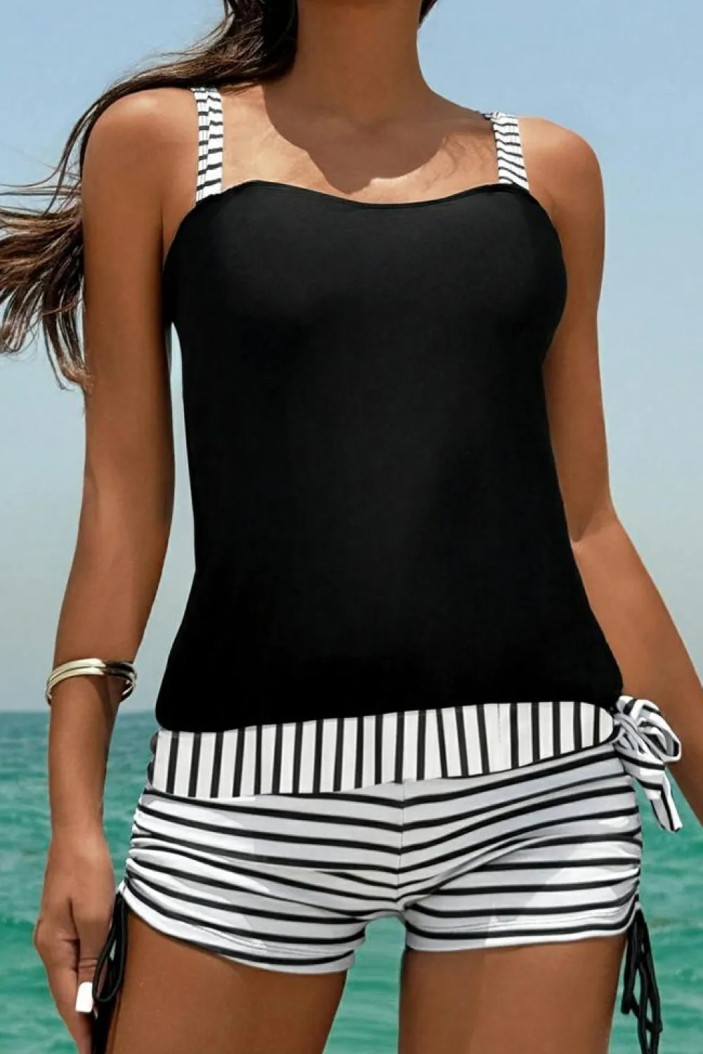Outlet Dear-Lover Striped Patchwork Side Drawstring Bottoms Tankini Set Black