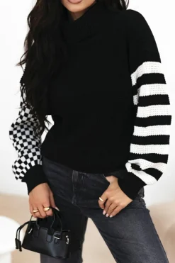 Outlet Dear-Lover Striped Plaid Patchwork Waffle Knit Turtleneck Sweater Black