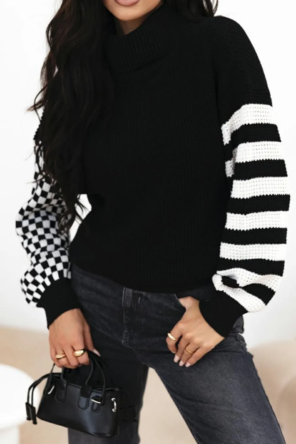 Outlet Dear-Lover Striped Plaid Patchwork Waffle Knit Turtleneck Sweater Black