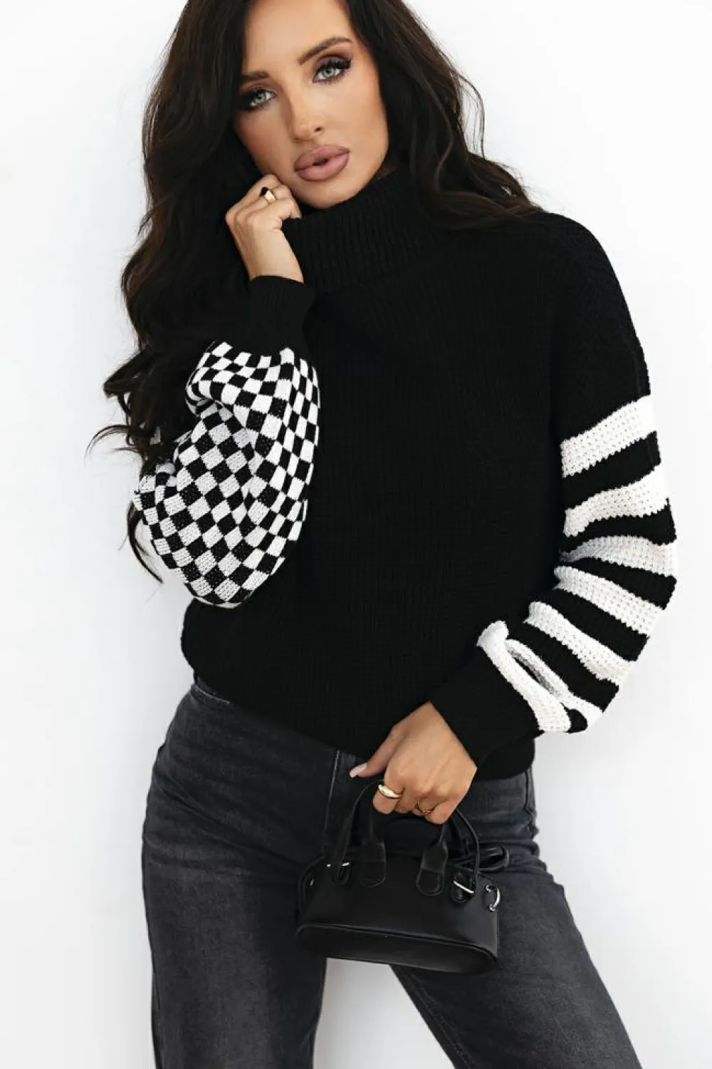 Outlet Dear-Lover Striped Plaid Patchwork Waffle Knit Turtleneck Sweater Black