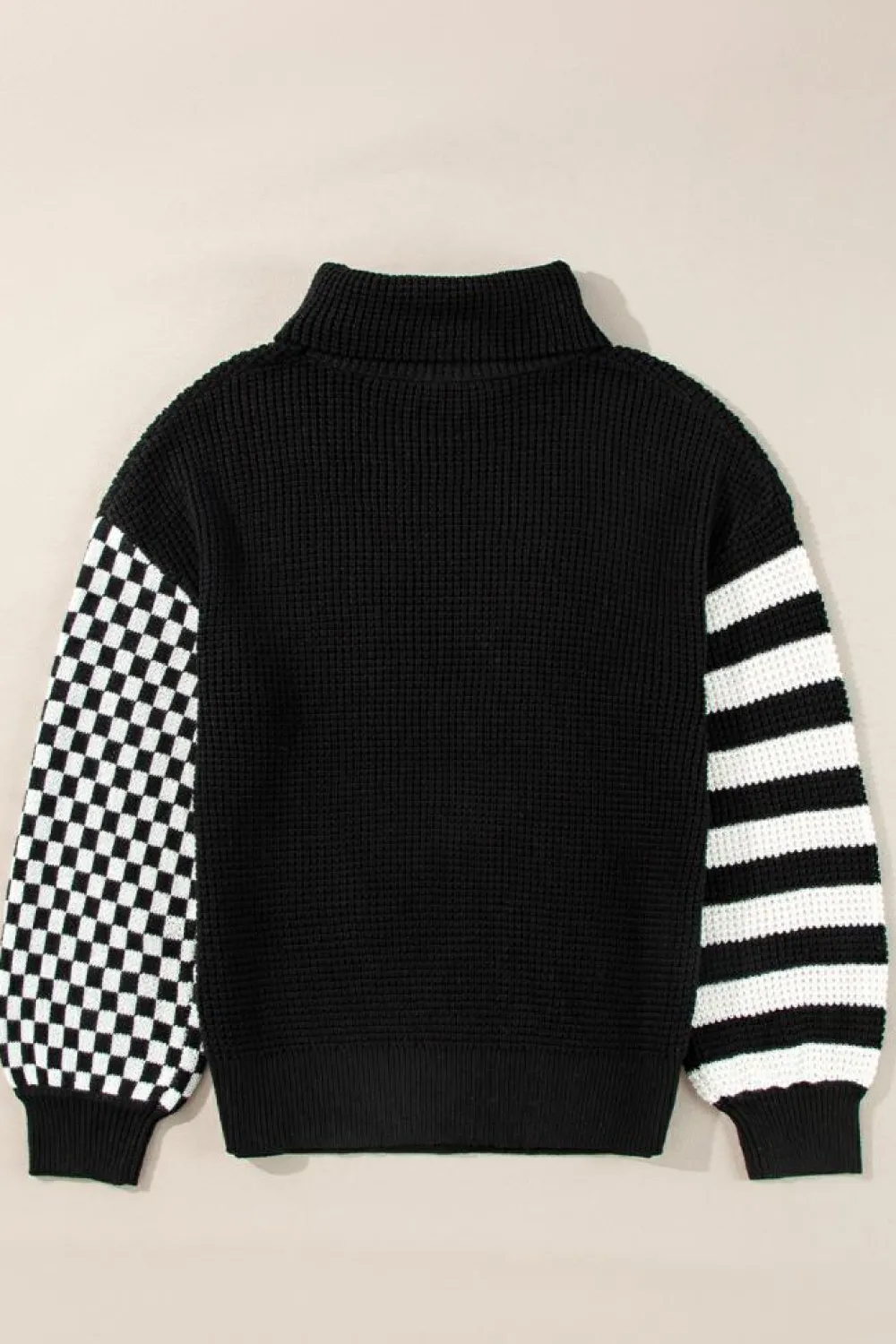 Outlet Dear-Lover Striped Plaid Patchwork Waffle Knit Turtleneck Sweater Black