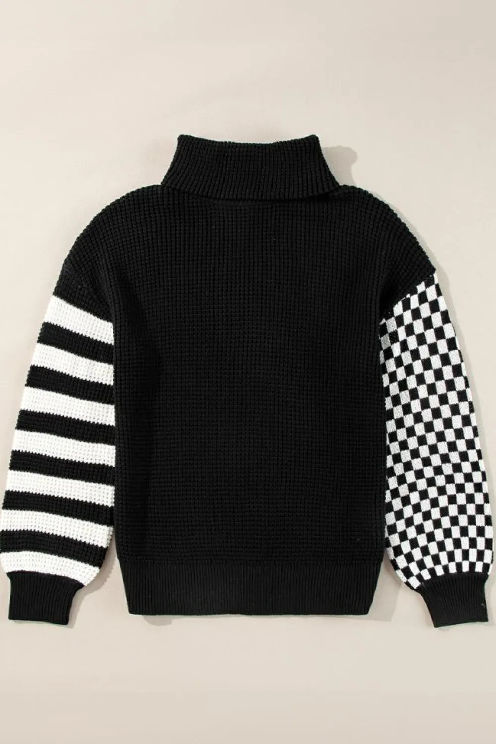Outlet Dear-Lover Striped Plaid Patchwork Waffle Knit Turtleneck Sweater Black