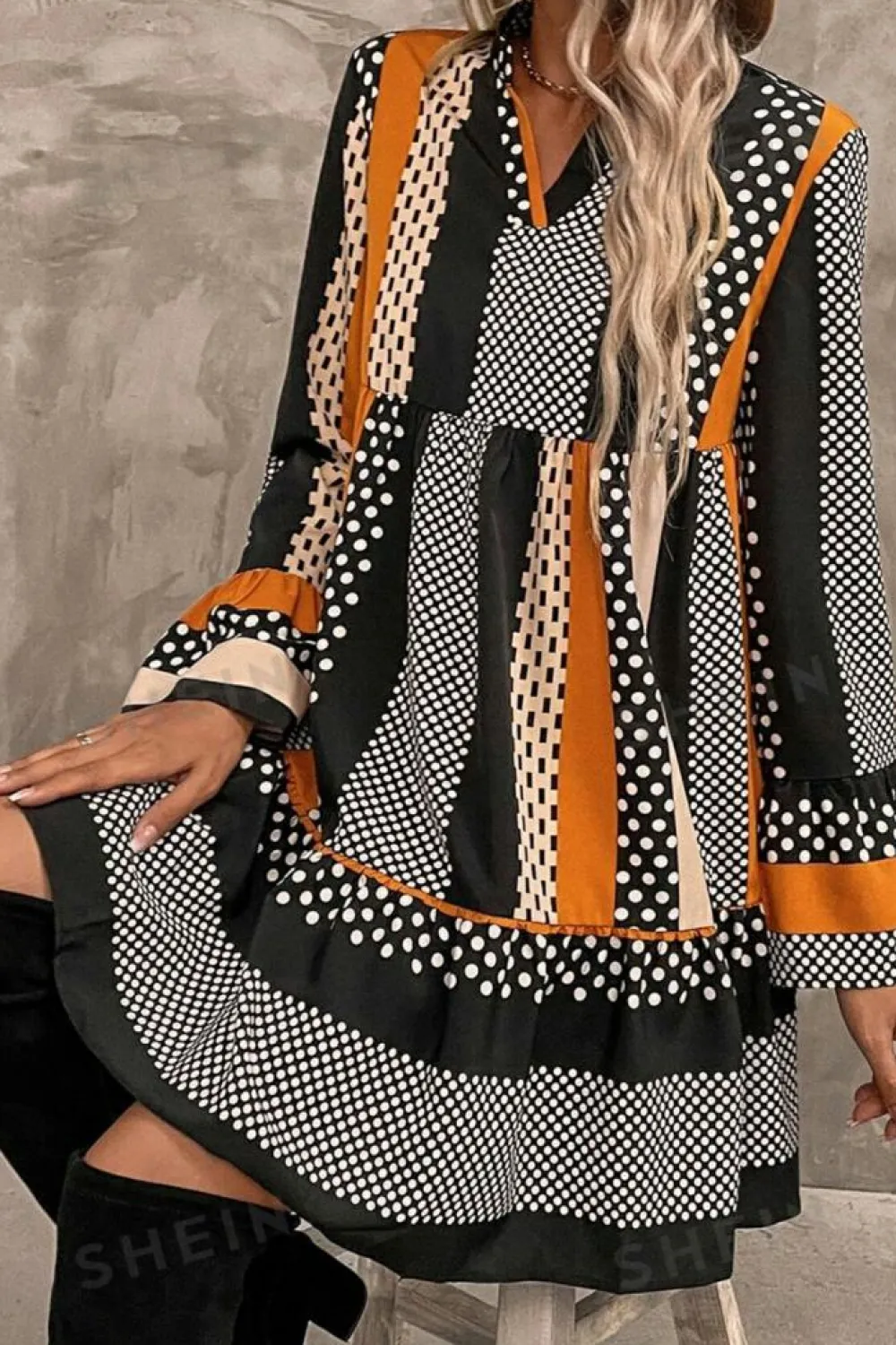 Hot Dear-Lover Striped Polka Dot Print Ruffled Hem V Neck Mini Dress Black