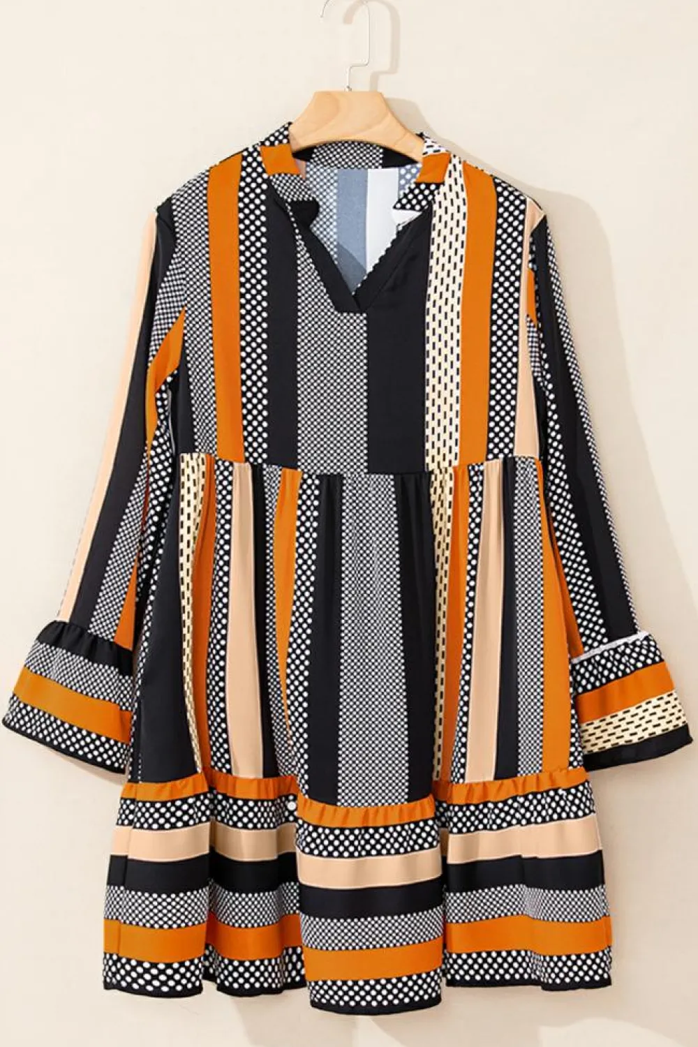Hot Dear-Lover Striped Polka Dot Print Ruffled Hem V Neck Mini Dress Black