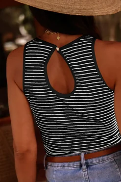 Online Dear-Lover Striped Print Ribbed Knit Sleeveless Top Black