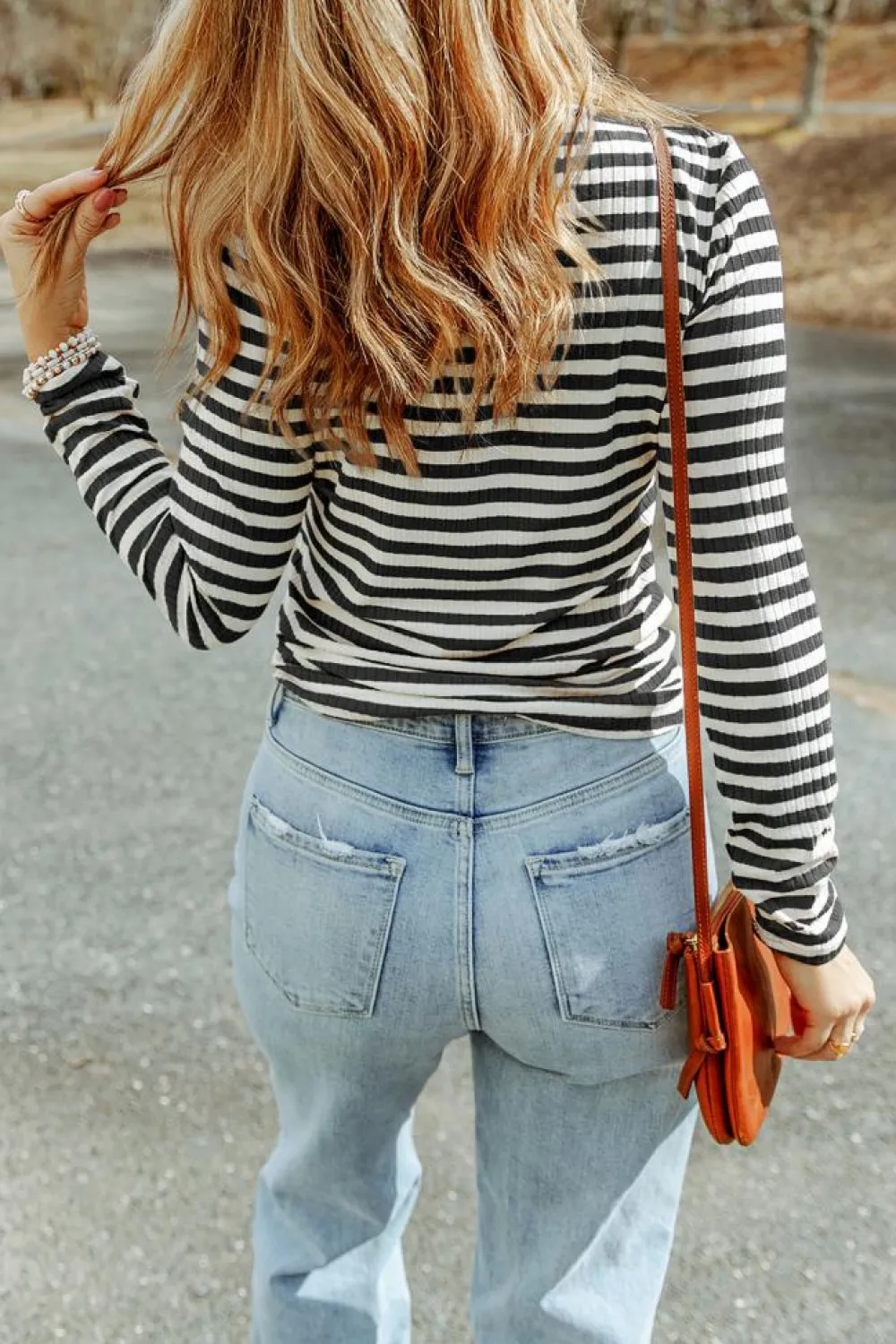 Sale Dear-Lover Striped Print Textured Knit Long Sleeve Tee Black