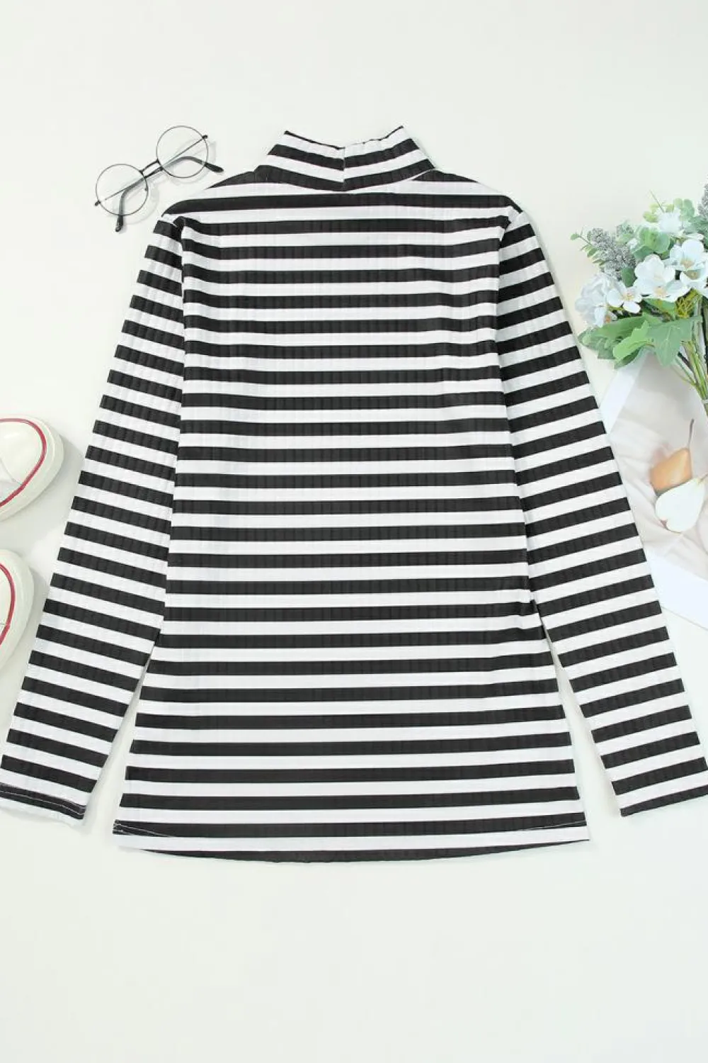 Sale Dear-Lover Striped Print Textured Knit Long Sleeve Tee Black