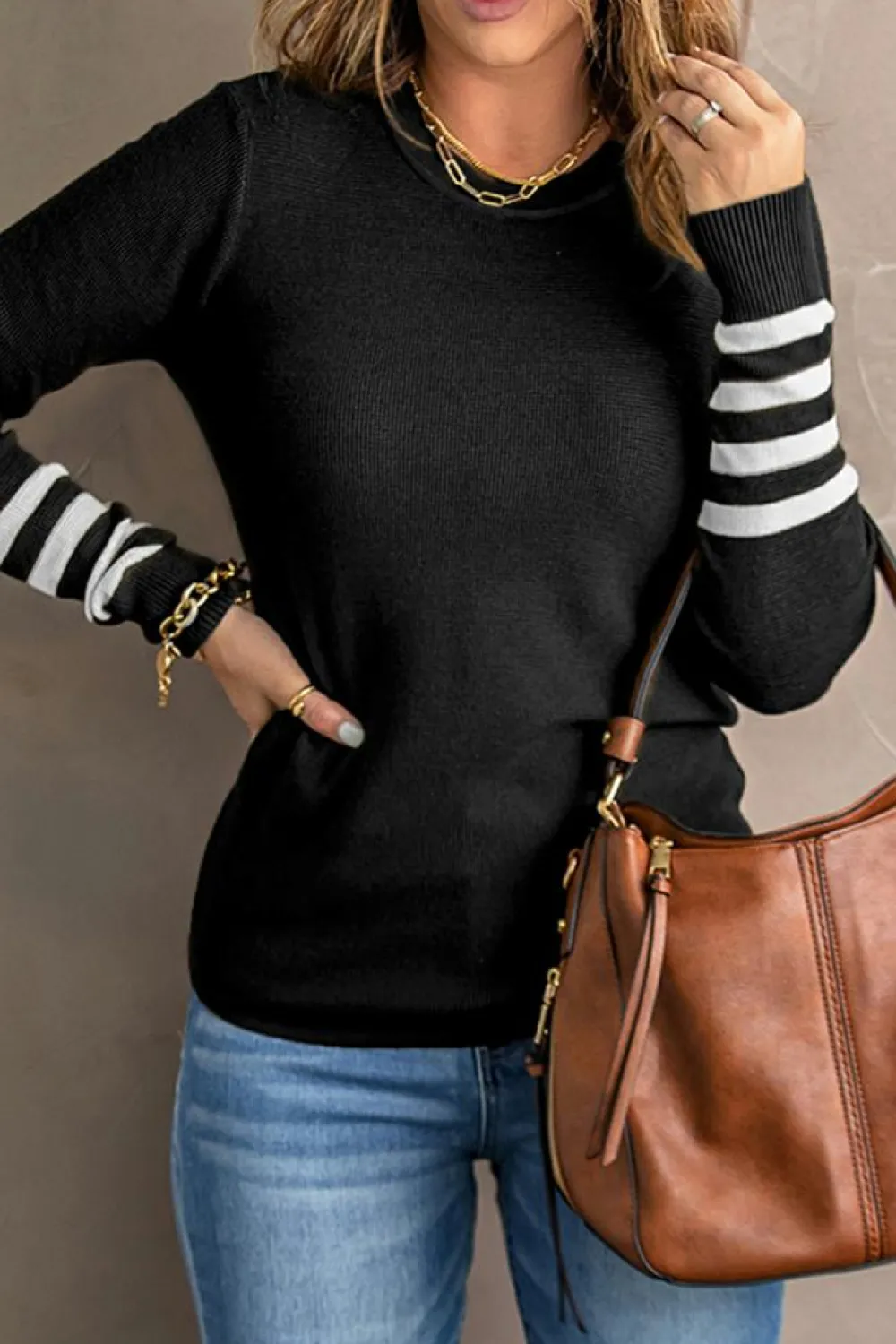 Fashion Dear-Lover Striped Sleeve Plain Knit Sweater Black