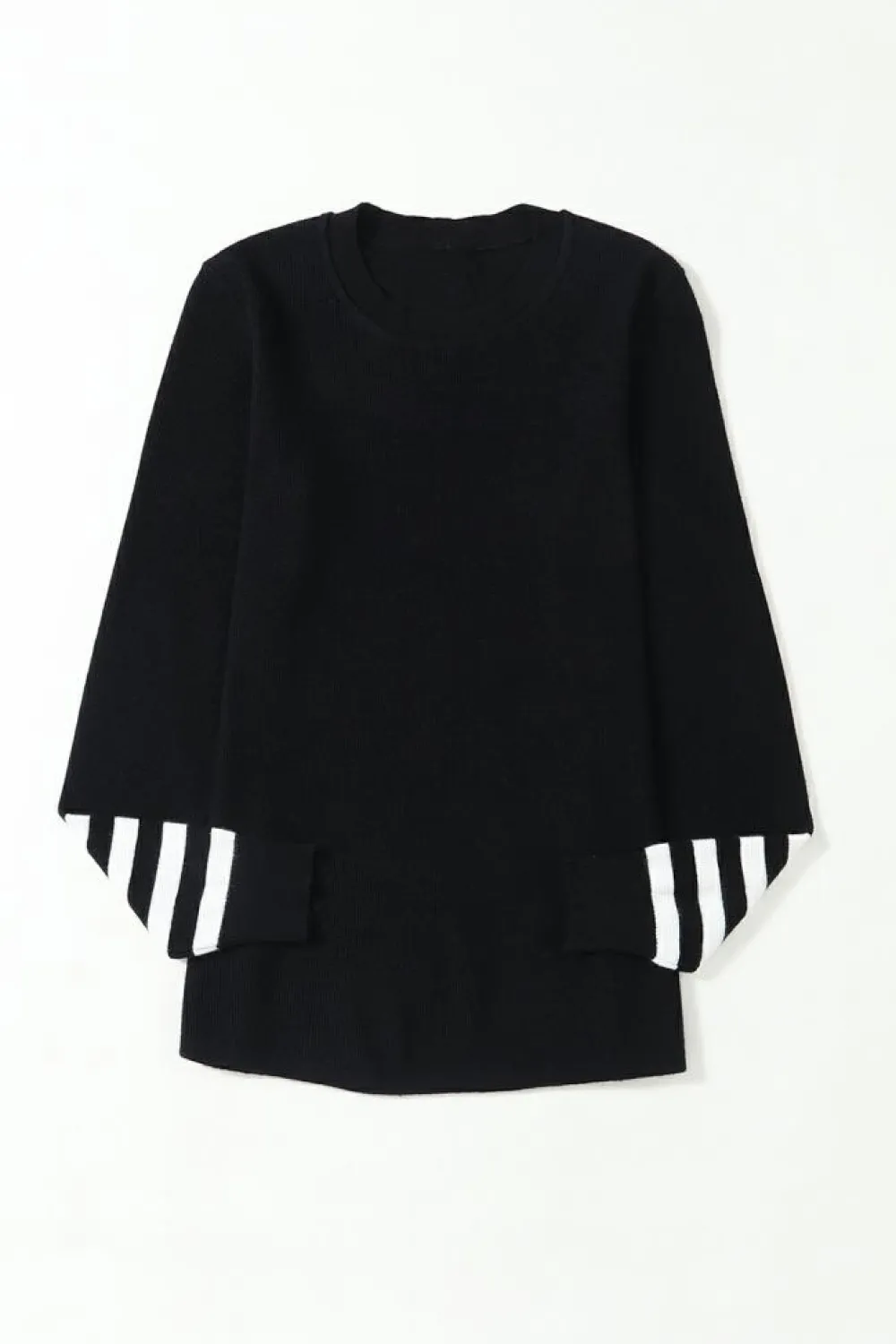 Fashion Dear-Lover Striped Sleeve Plain Knit Sweater Black