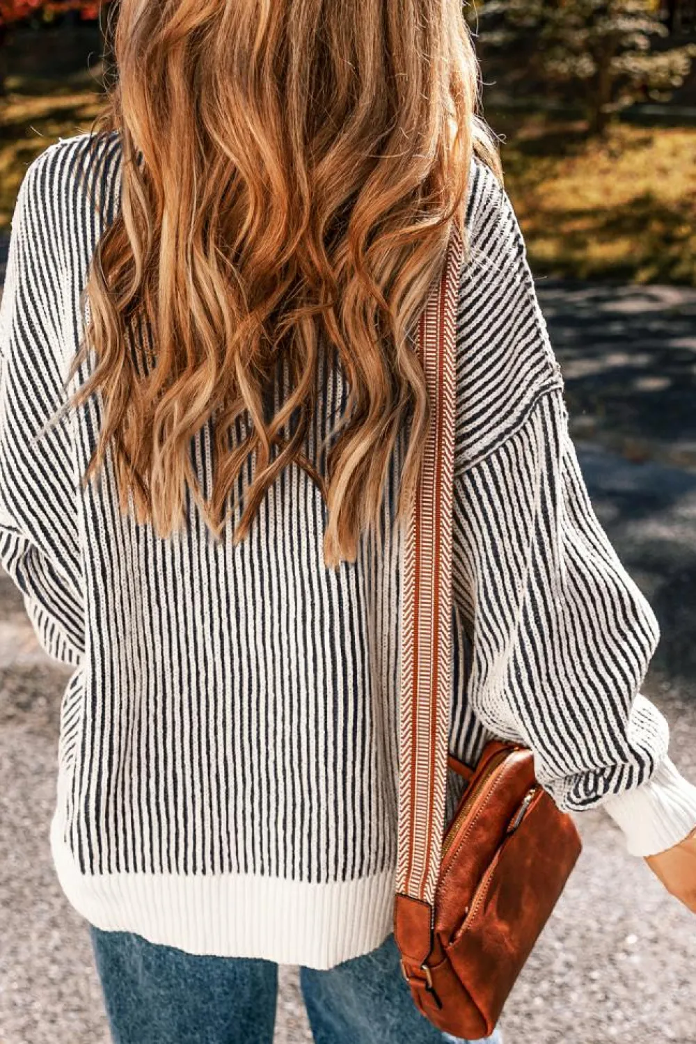 Fashion Dear-Lover Striped Textured Knit Contrast Edge Loose Sweater Black