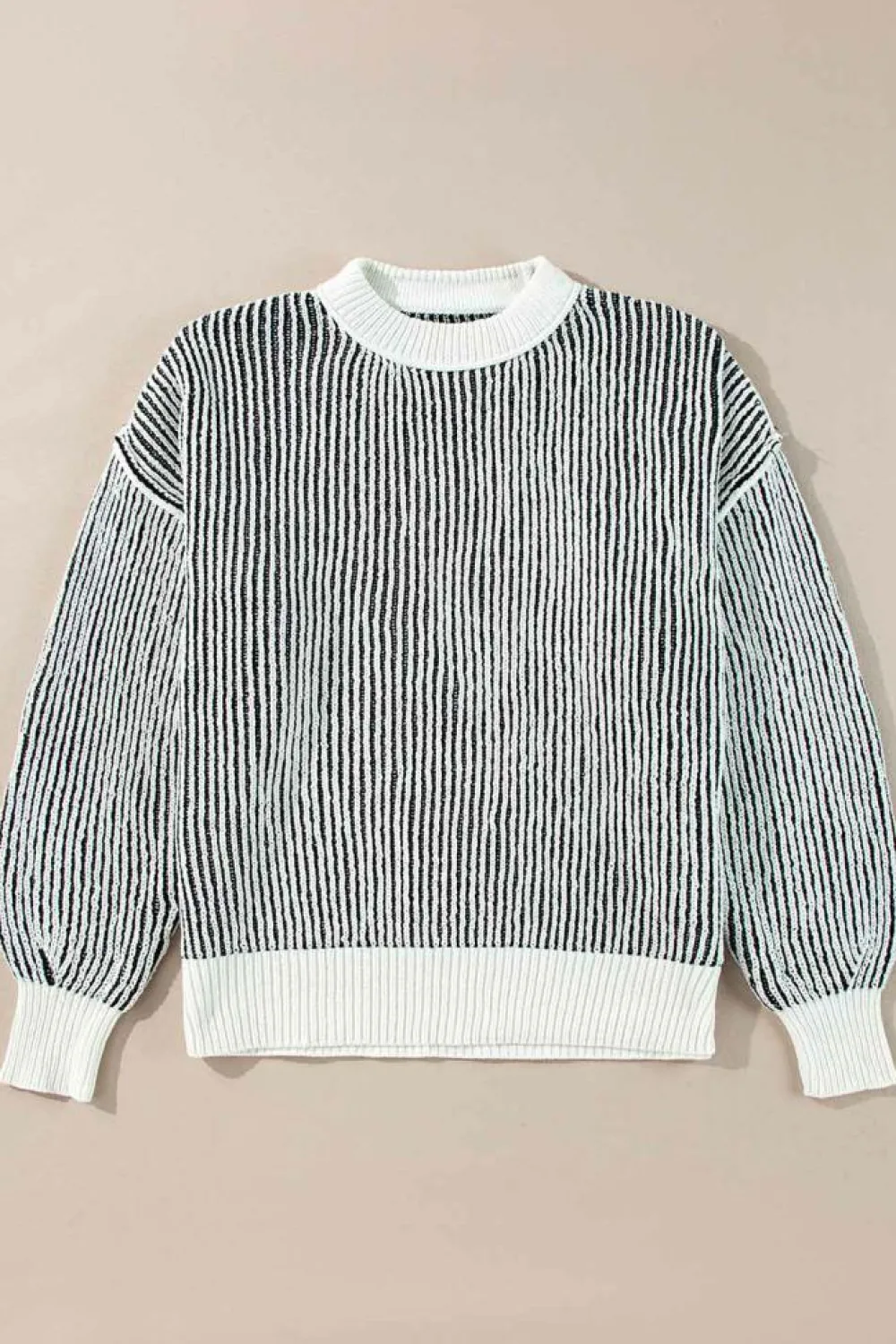 Fashion Dear-Lover Striped Textured Knit Contrast Edge Loose Sweater Black