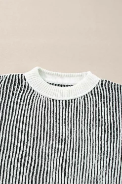 Fashion Dear-Lover Striped Textured Knit Contrast Edge Loose Sweater Black