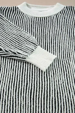 Fashion Dear-Lover Striped Textured Knit Contrast Edge Loose Sweater Black