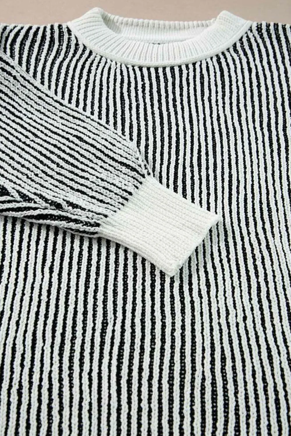 Fashion Dear-Lover Striped Textured Knit Contrast Edge Loose Sweater Black