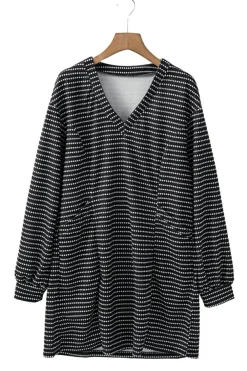 New Dear-Lover Striped V Neck Long Puff Sleeve Shift Dress Black