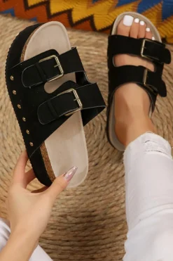 Discount Dear-Lover Suede Buckle Decor Footbed Sandal Slippers Black