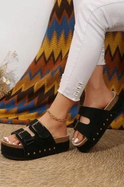 Discount Dear-Lover Suede Buckle Decor Footbed Sandal Slippers Black