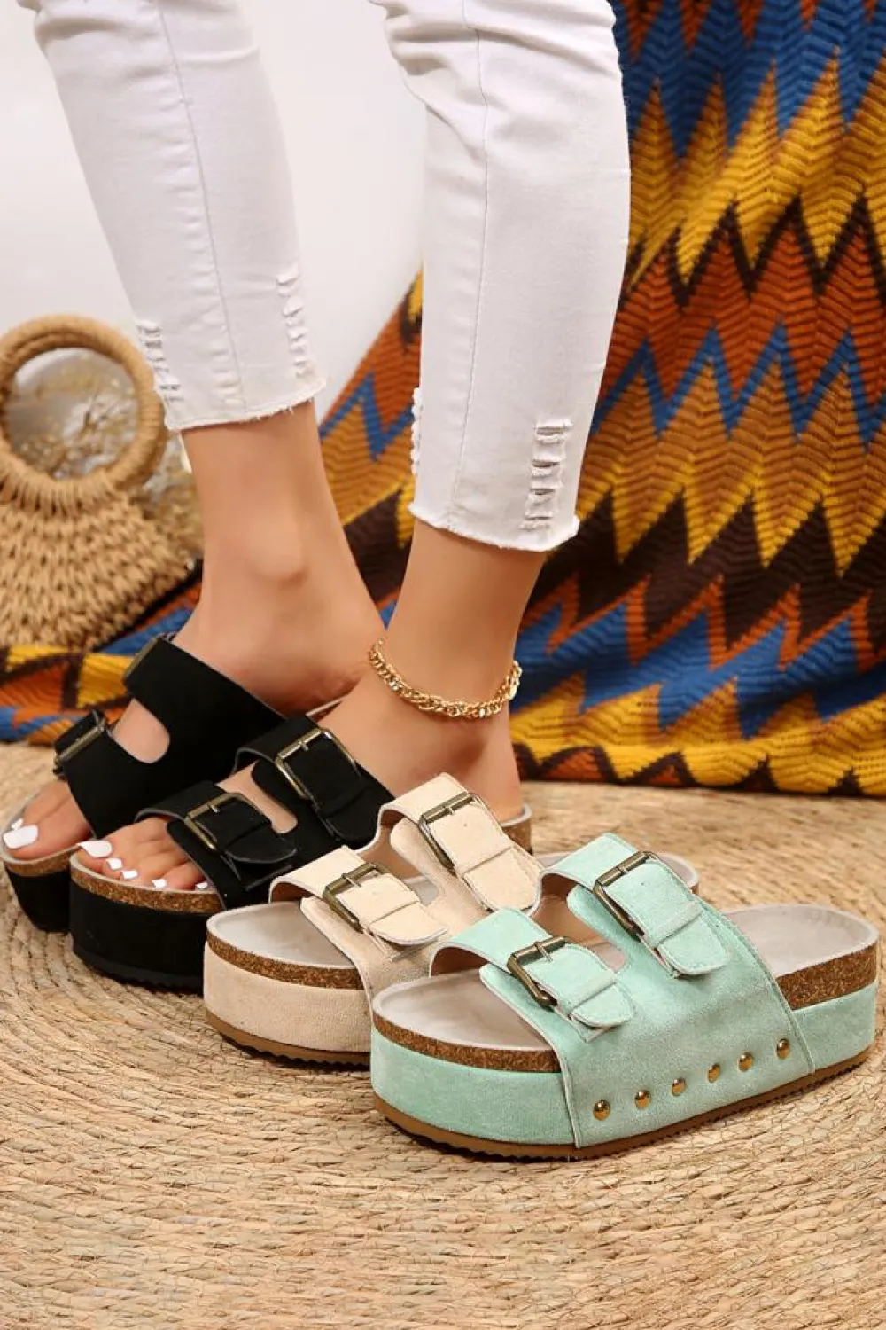 Discount Dear-Lover Suede Buckle Decor Footbed Sandal Slippers Black